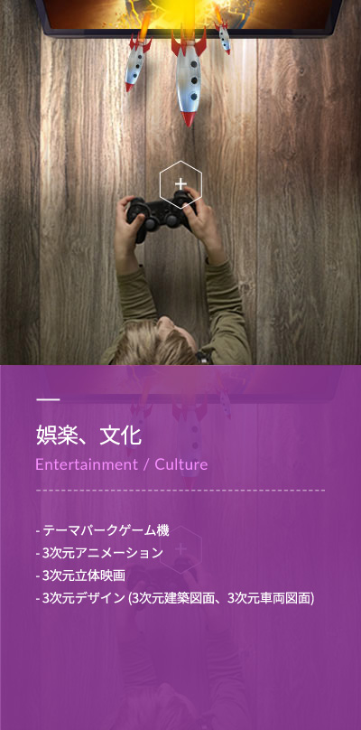娯楽、文化(Entertainment / Culture) - テーマパークゲーム機 - 3次元アニメーション - 3次元立体映画 - 3次元デザイン (3次元建築図面、3次元車両図面)